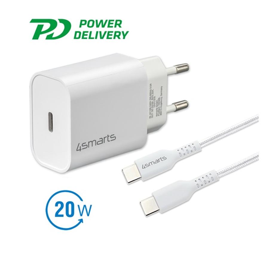 Image of 4smarts hálózati gyorstöltő adapter, 20W, QC 3.0 + 1.5m Type-C/Type-C kábel, fehér