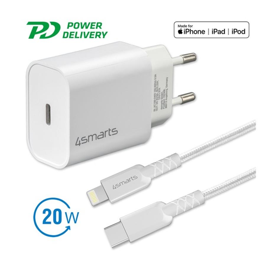 Image of 4smarts hálózati gyorstöltő adapter 20W, Type-C QC 3.0 + 1.5m Lightning kábel, fehér